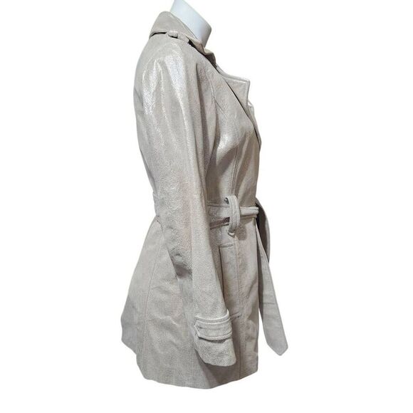 Chico's Women's Silver Twinkle Reese Trench Coat Genuine Leather belted Size 0/4 - Picture 5 of 10